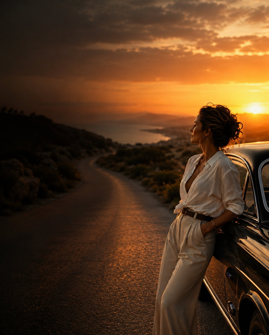A woman in a black wide-brimmed hat at golden hour, calm and serene