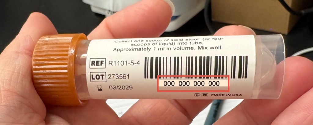 Collection tube label with the RTX-code highlighted in red