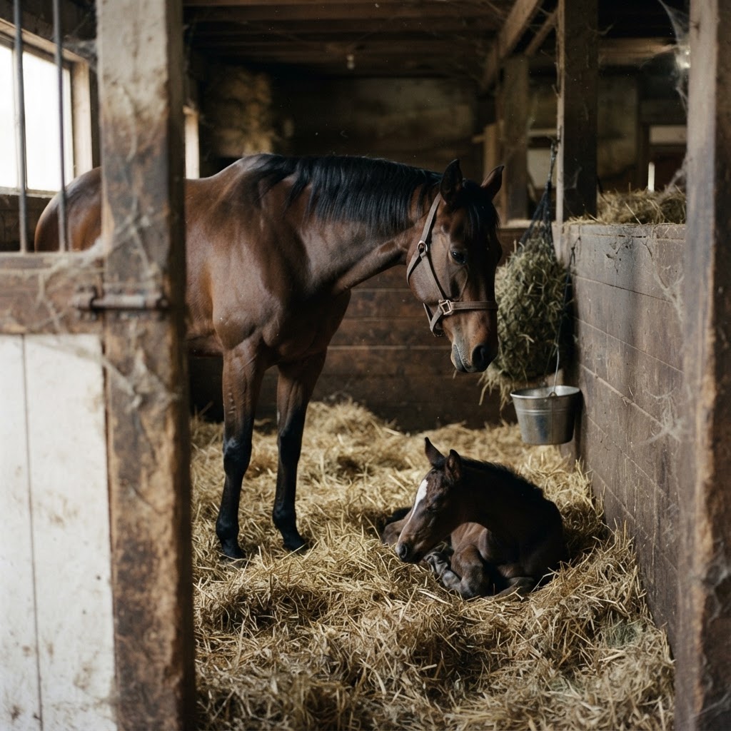 Mare with her newborn foal in a straw-bedded stall