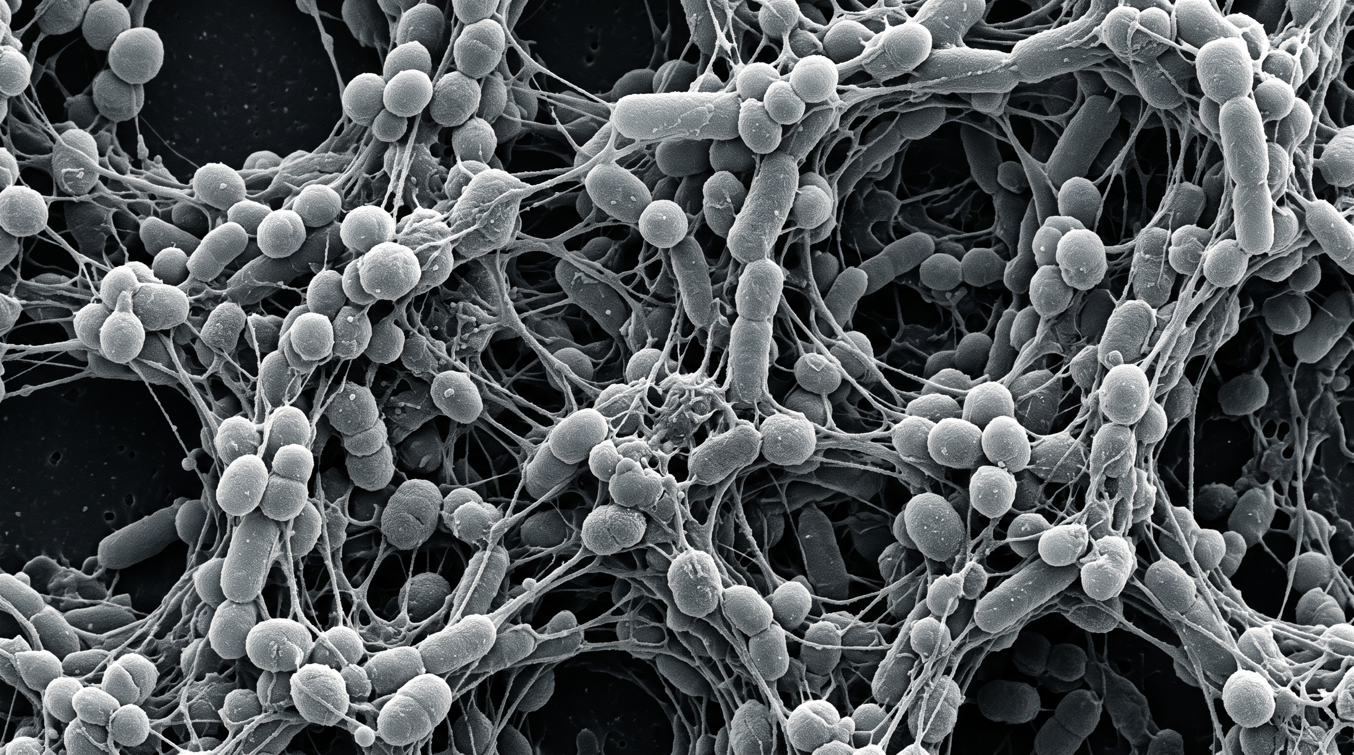 Electron micrograph of a mixed bacterial community embedded in a biofilm matrix