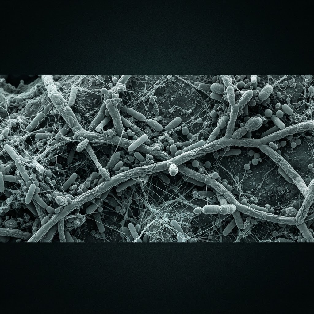 Scanning electron micrograph of fungal hyphae and bacteria in a microbial community