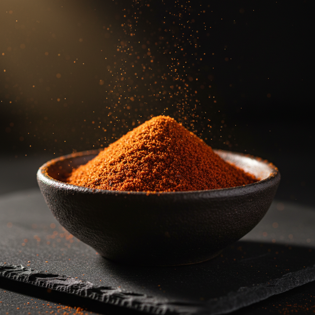 Smoked paprika powder in dark ceramic bowl on black slate surface