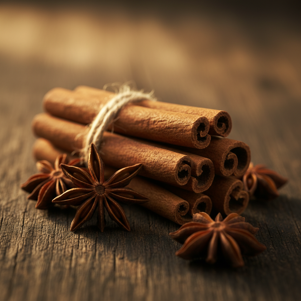 Cinnamon sticks bundled with star anise on dark wood surface