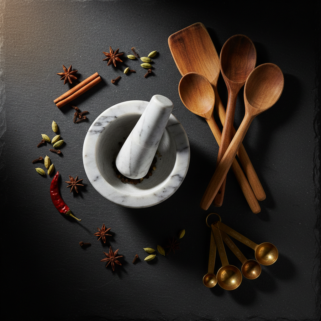 Artisan kitchen tools on dark stone surface with marble mortar and pestle