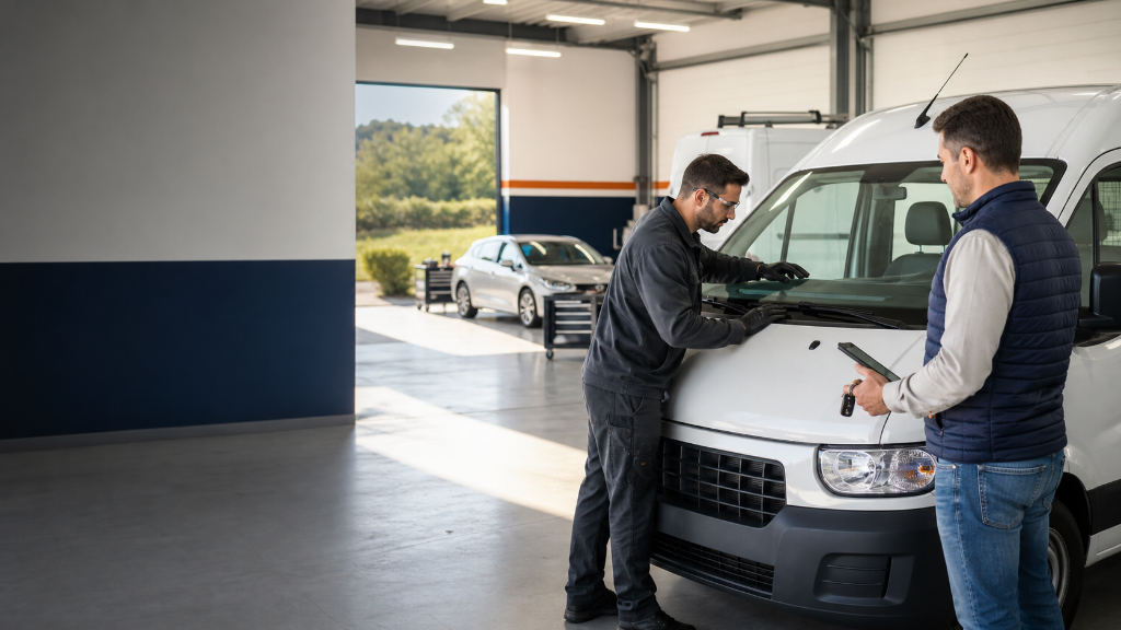 Technicien Parebriz'Z inspectant le vitrage d'un véhicule utilitaire professionnel