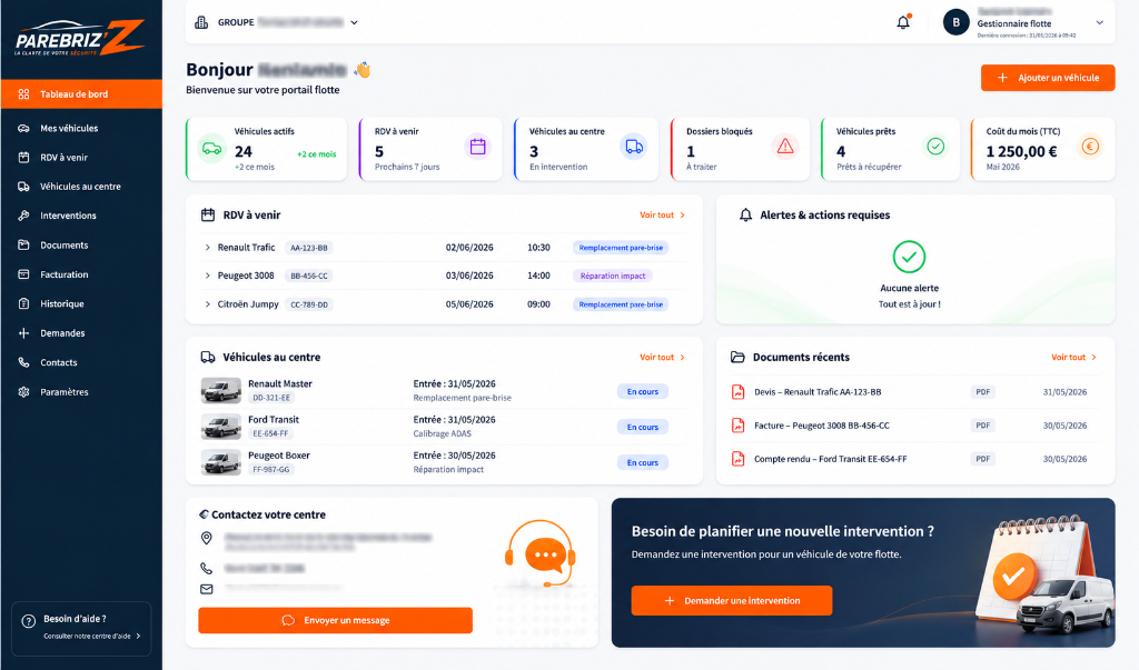 Capture du portail flotte Parebriz'Z - tableau de bord avec KPI et gestion des véhicules