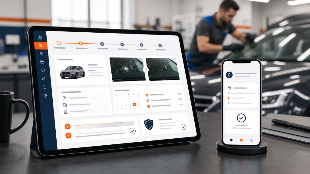 Interface de suivi digital Parebriz'Z avec dossier véhicule, photos, documents et rendez-vous