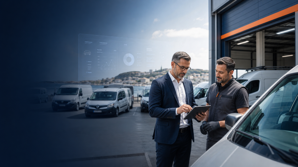 Gestionnaire de flotte consultant le portail Parebriz'Z avec suivi des véhicules professionnels