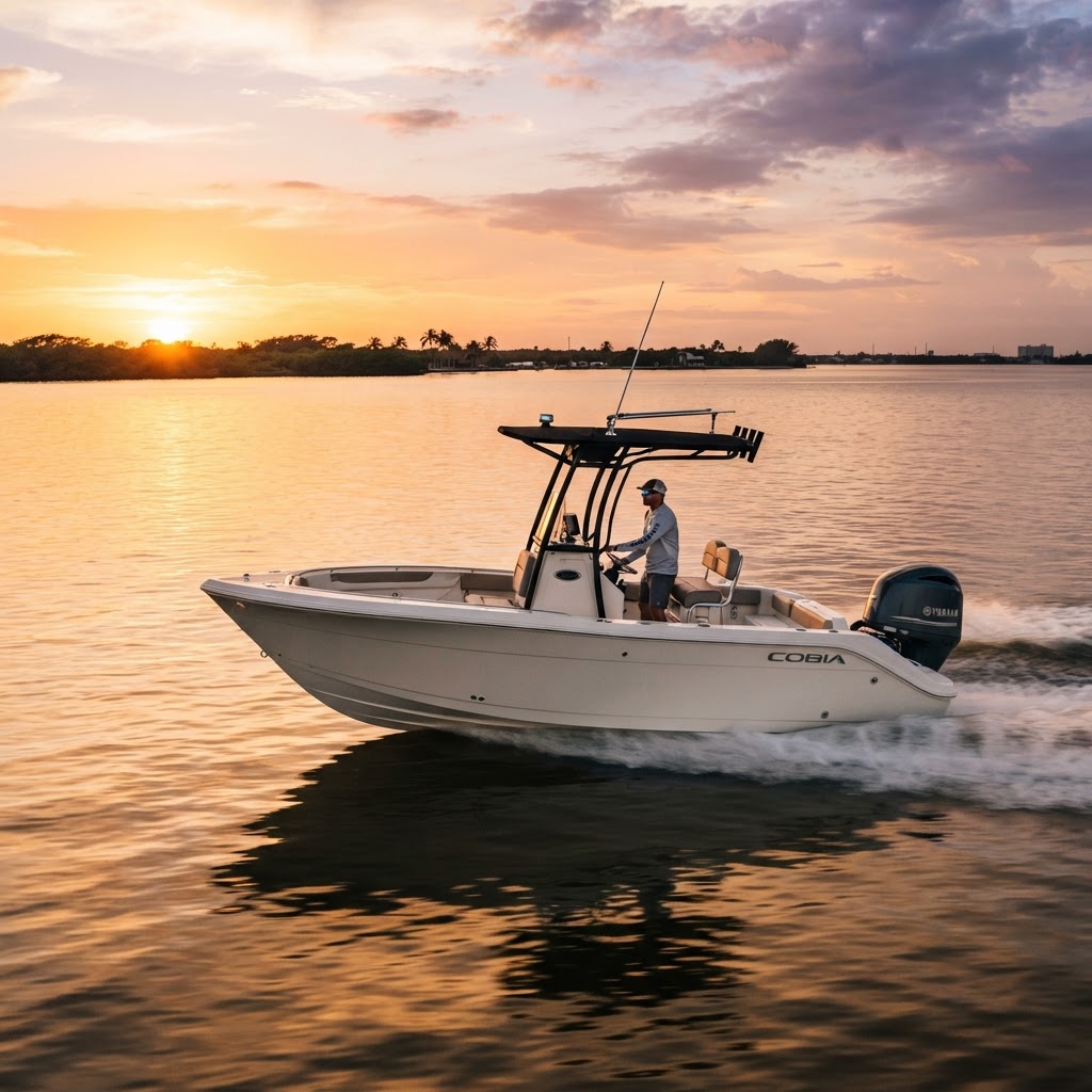 21-foot Cobia center console boat on Florida waters at sunset