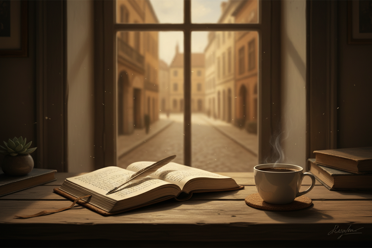 Journal and pen on a rustic desk with morning light