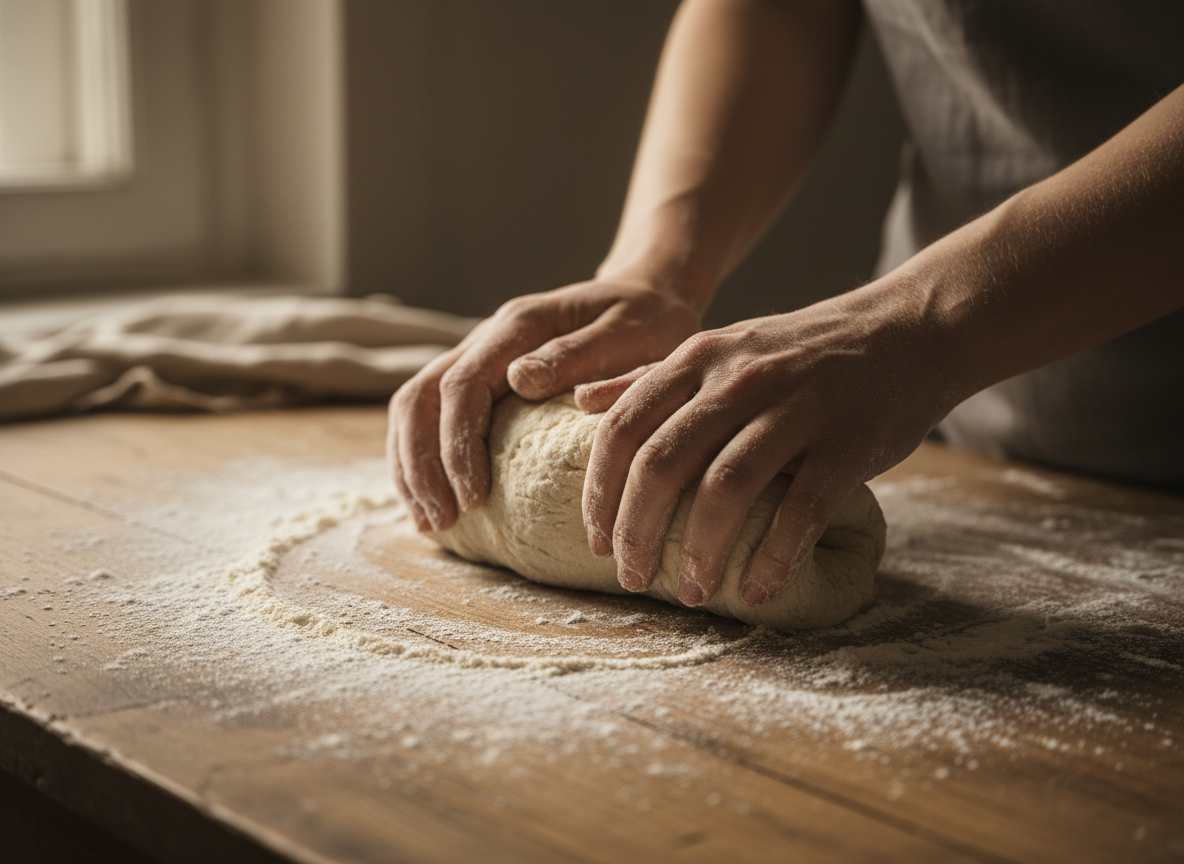 Hands kneading bread dough