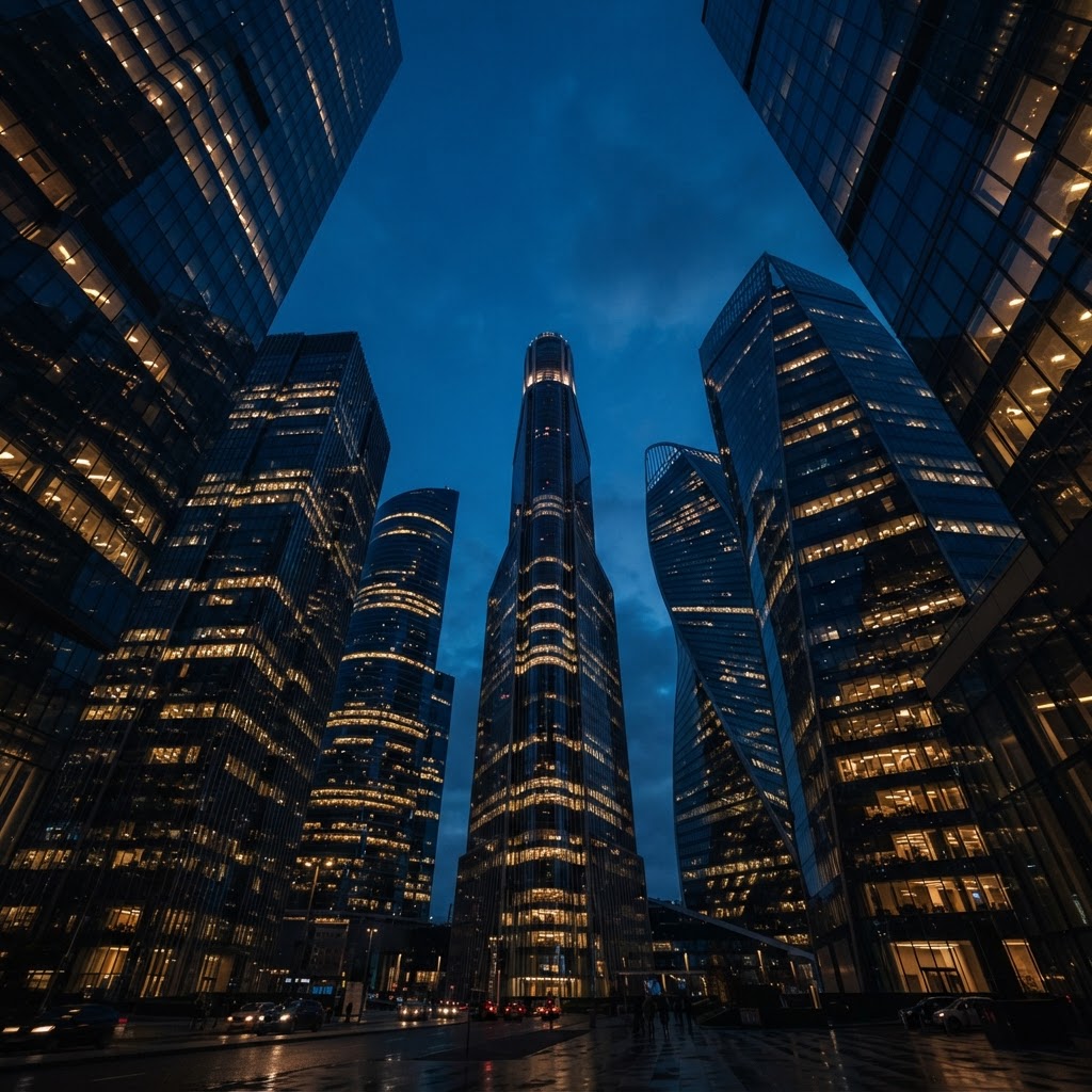 Luxury financial district at dusk
