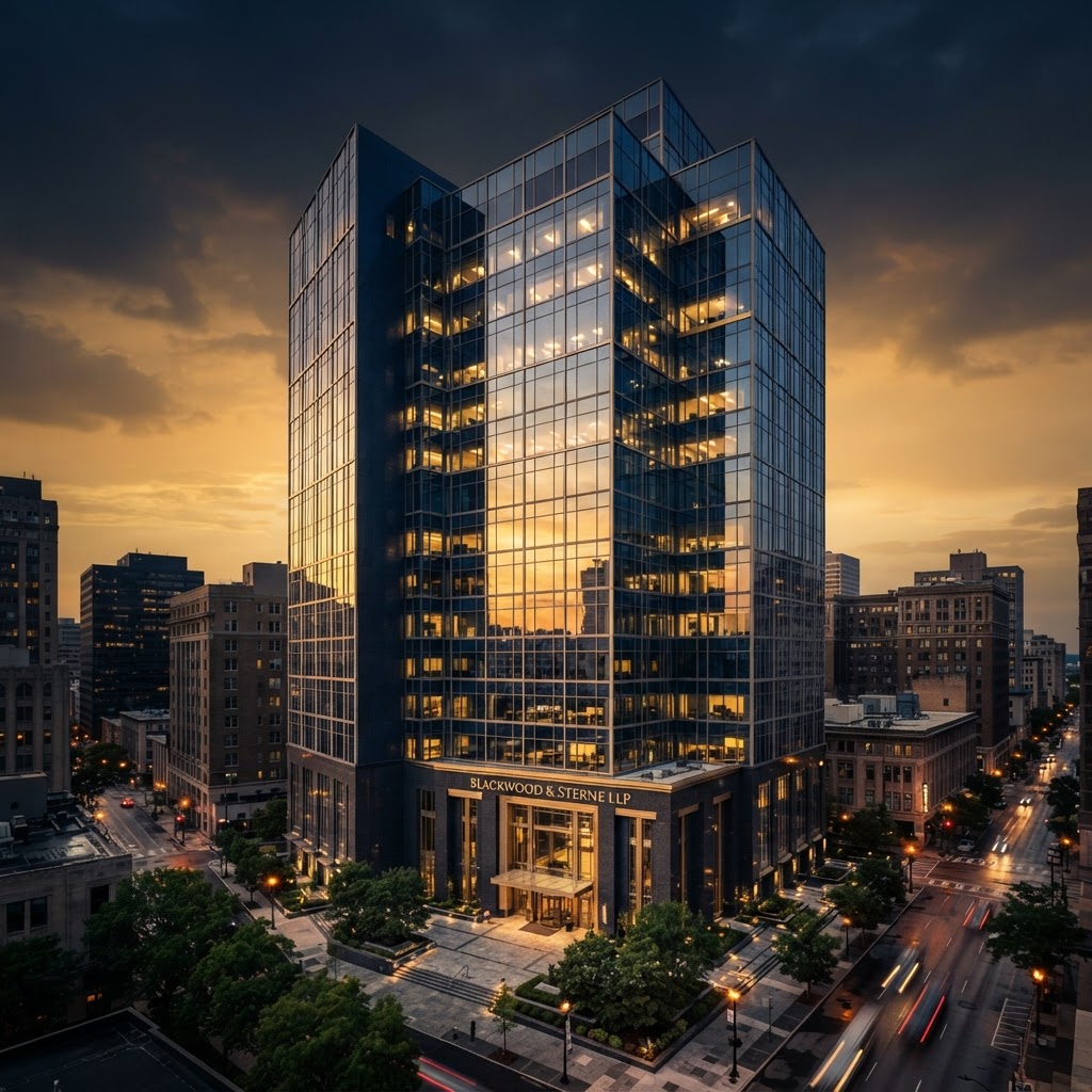 Downtown law firm skyscraper at golden hour