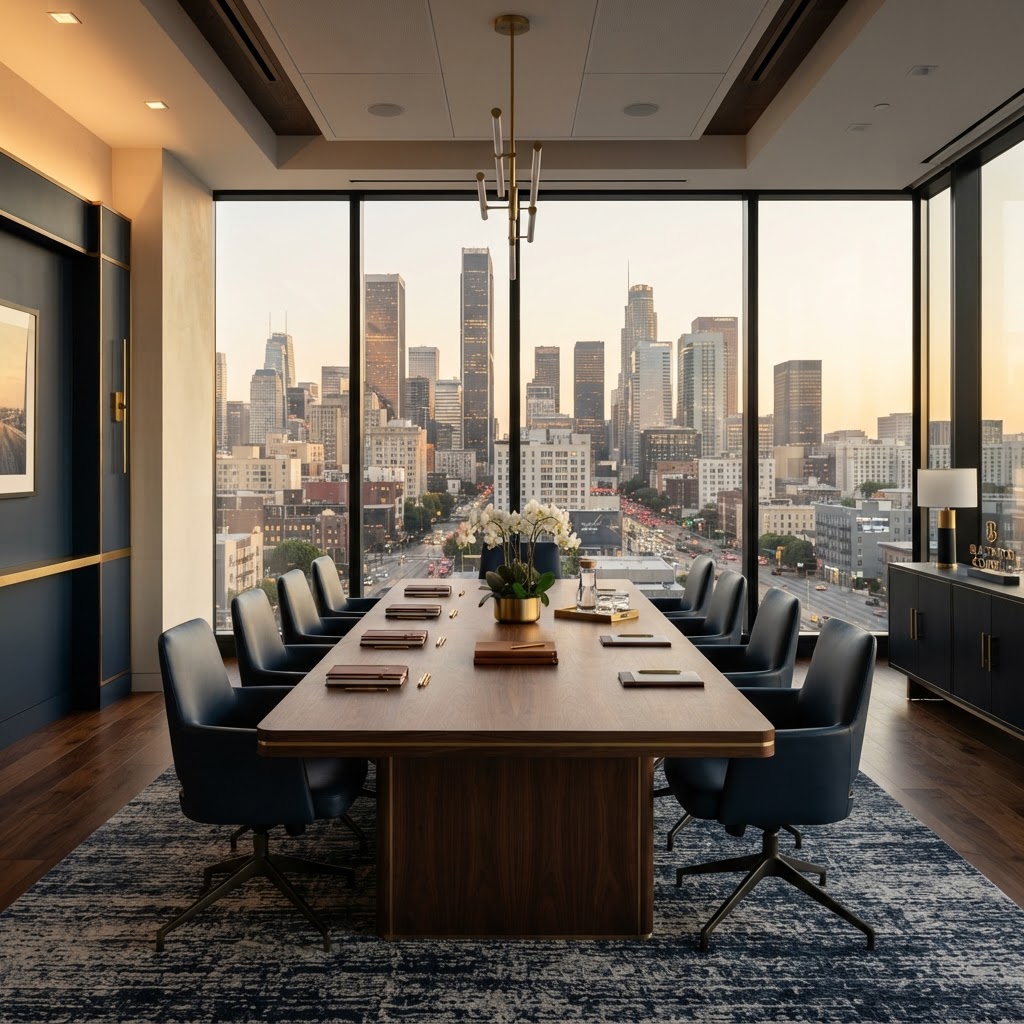 Modern law firm interior with downtown skyline