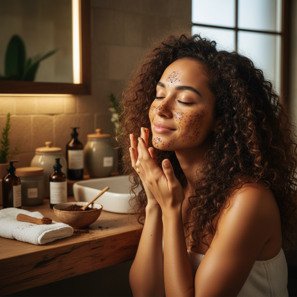 Young biracial woman with curly hair applying coffee facial scrub
