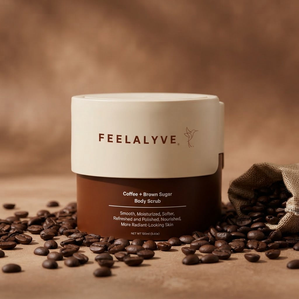 Rejuvenated Coffee Body & Facial Scrub jar surrounded by coffee beans