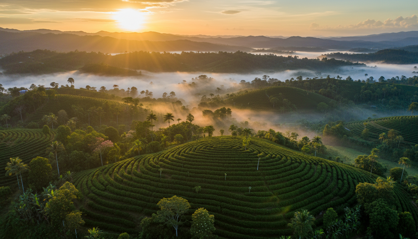 Lush Jamaican Blue Mountain coffee plantation at sunrise