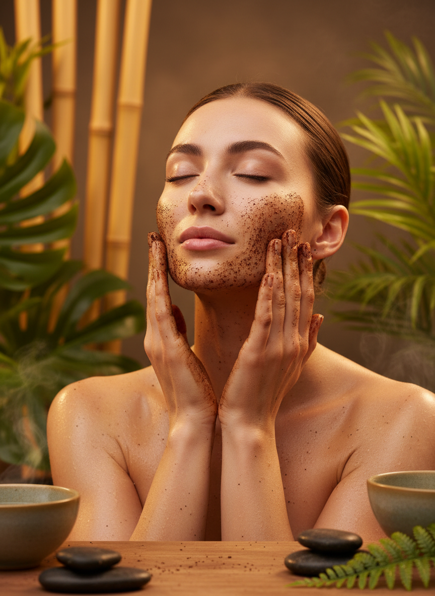 Woman applying coffee scrub to her face with a serene expression