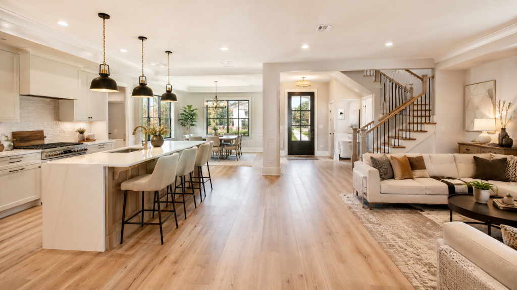 Modern home interior with renovated kitchen and living space - residential construction and home improvement