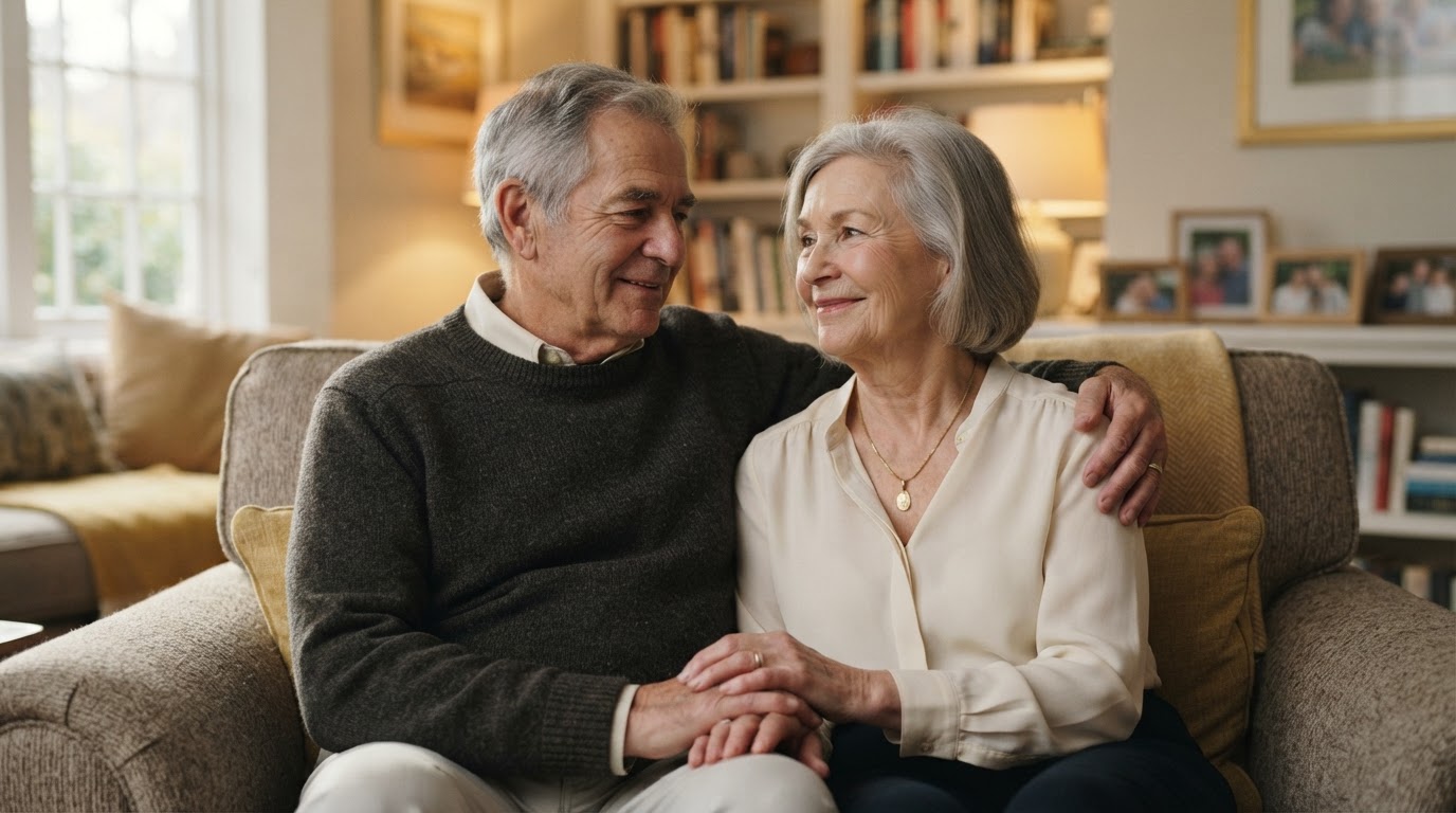 Older couple seated together in a softly lit home