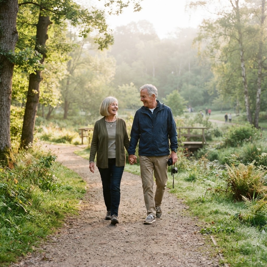 An active senior couple walking outdoors in a park