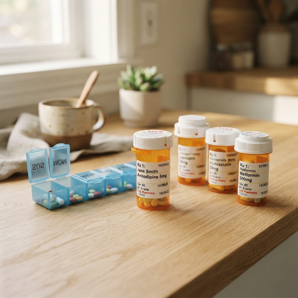 Prescription pill bottles and a weekly pill organizer on a sunlit kitchen counter