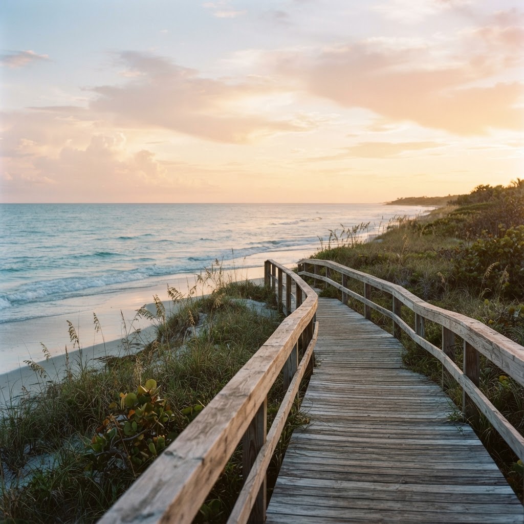 A calm Florida coastline at golden hour with a quiet boardwalk