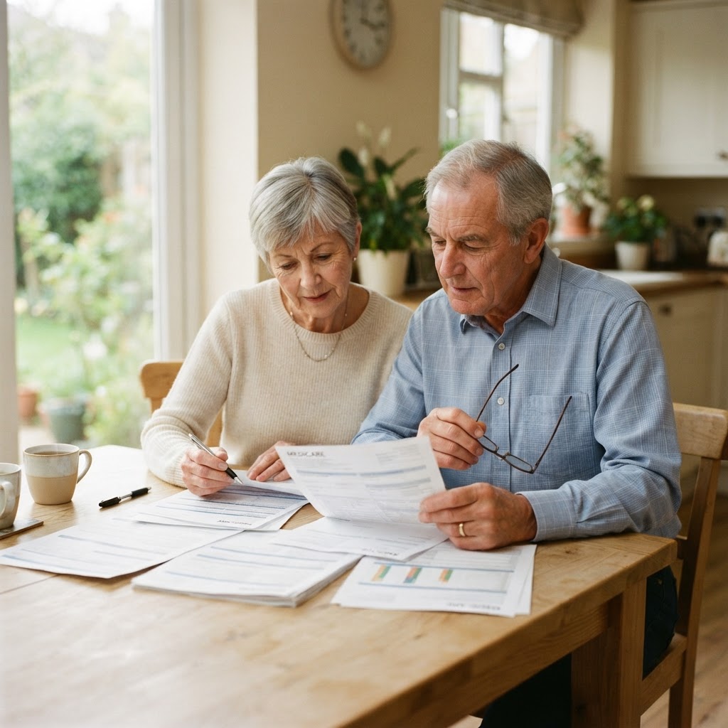 An older couple reviewing Medicare documents together at a kitchen table