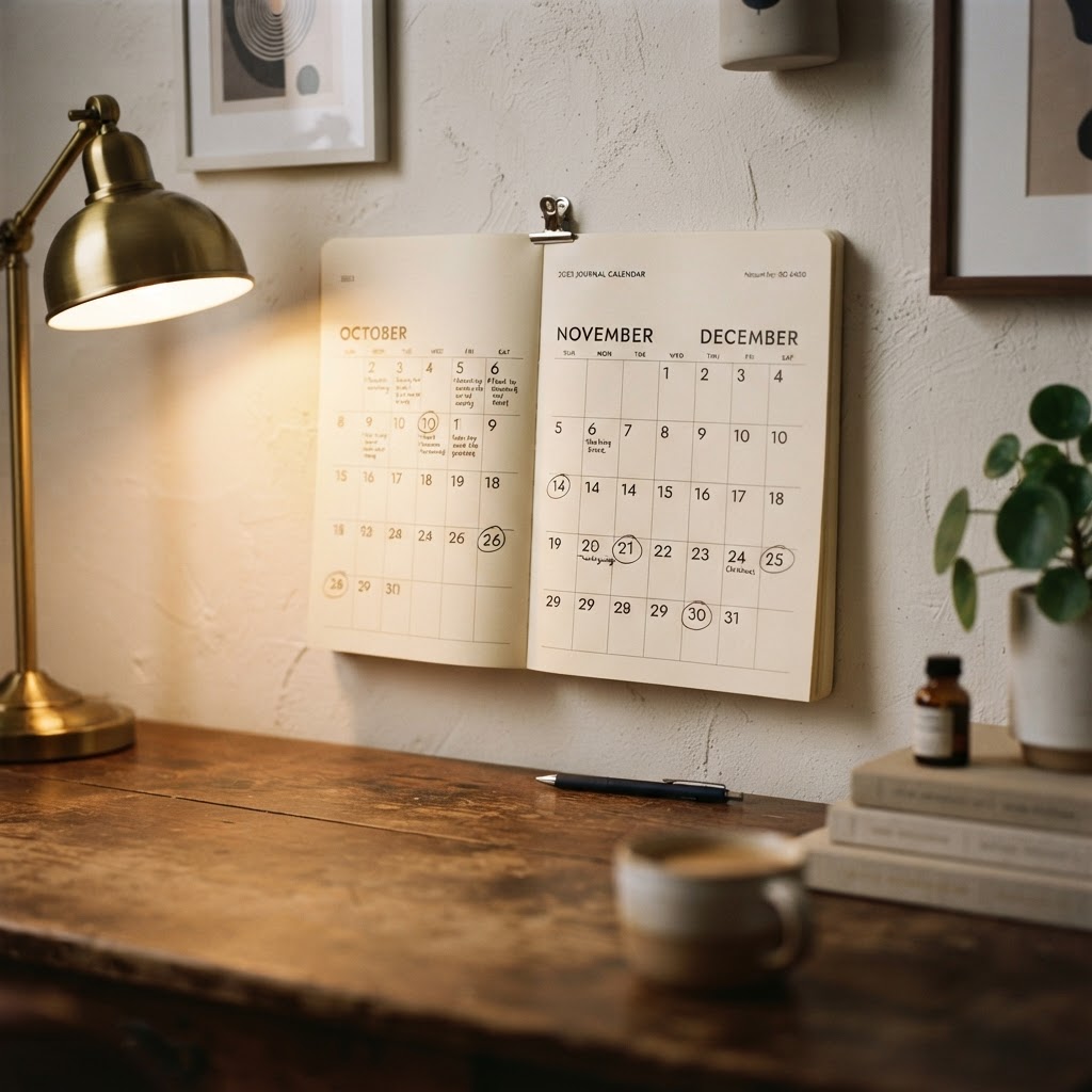 A wall calendar opened to October through December with several enrollment dates circled