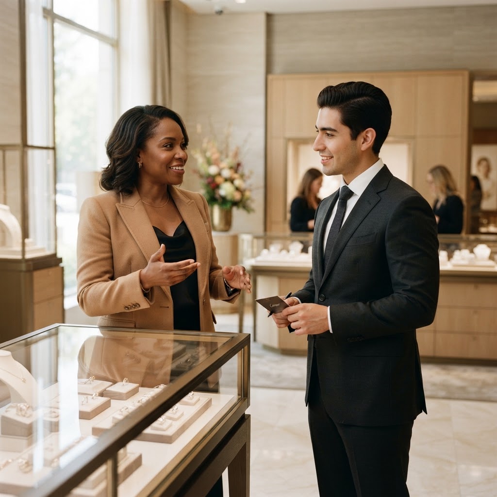 A luxury retail leader coaching an associate on the sales floor