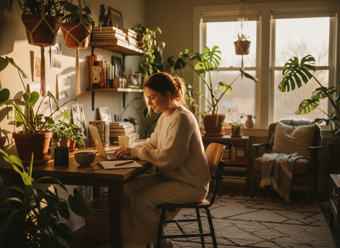 Founder in their workspace, candid and sun-washed