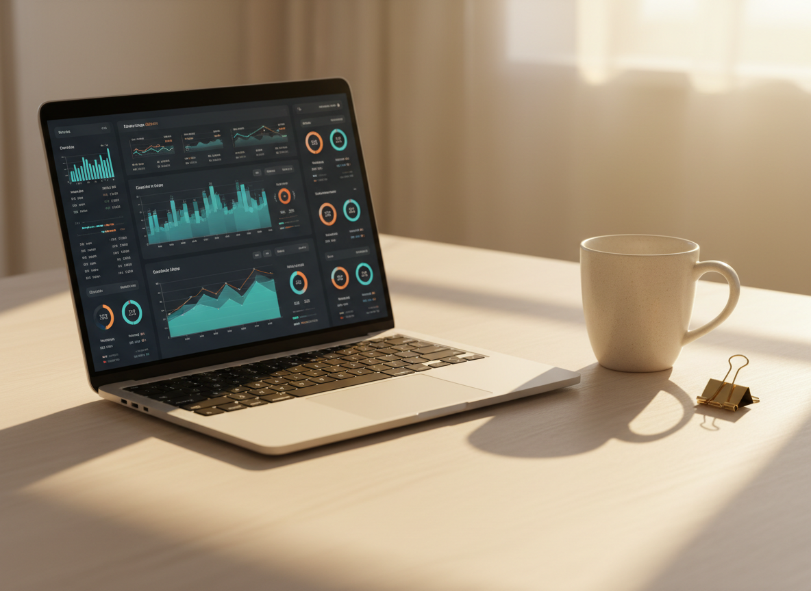 Laptop open to an analytics dashboard with warm window light