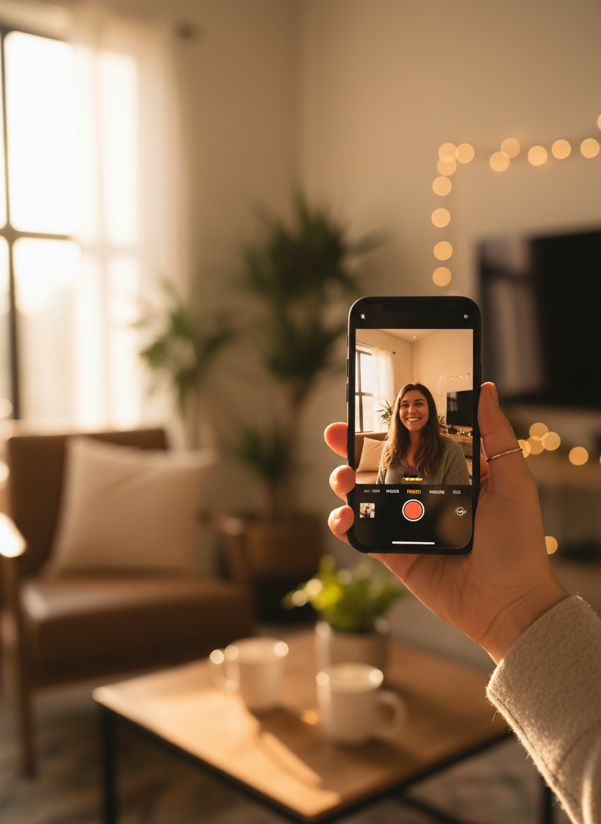 Hand holding an iPhone filming a reel in warm natural light