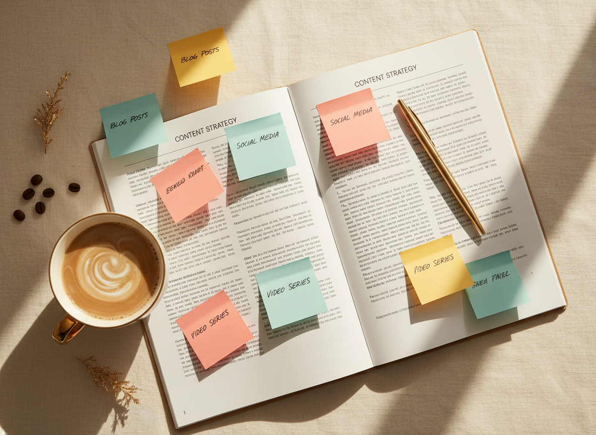 Flat-lay of a printed content strategy document with colour-coded post-its and a gold pen