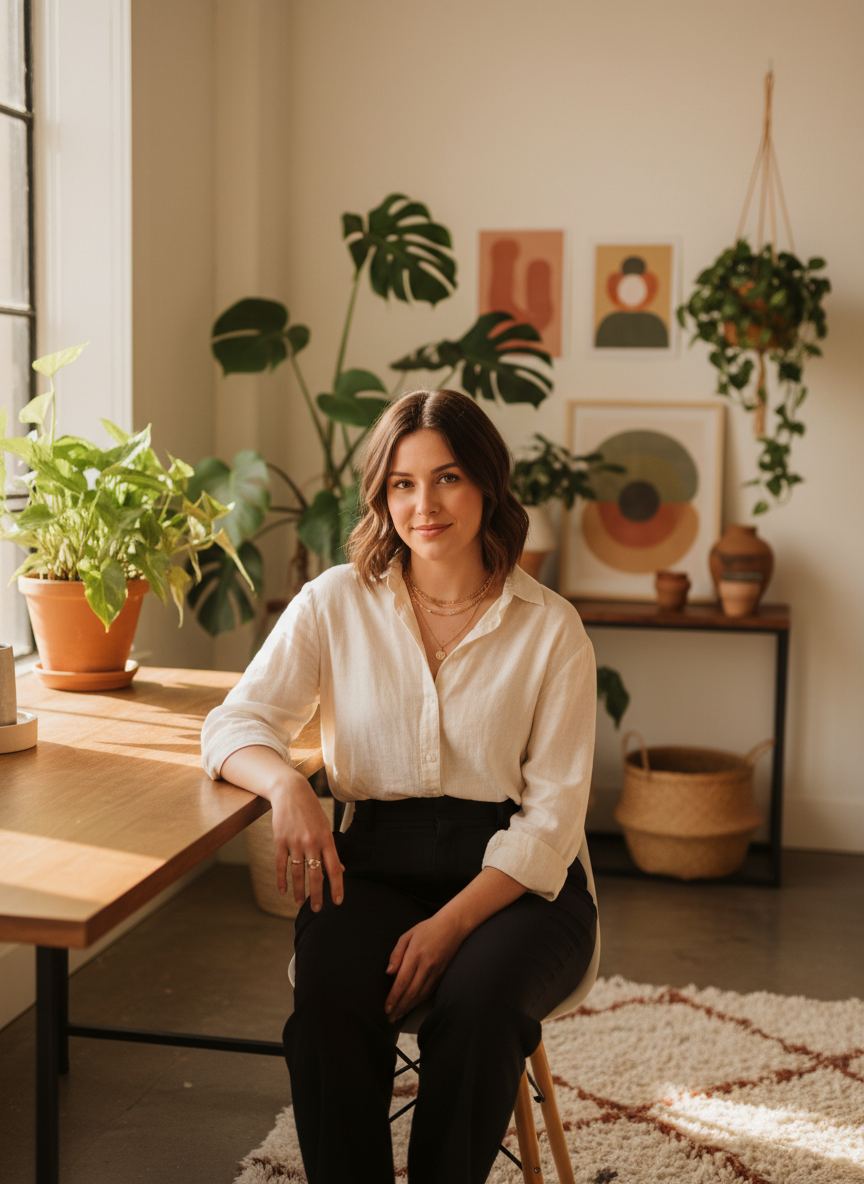 Founder portrait in warm natural light at a sun-washed desk