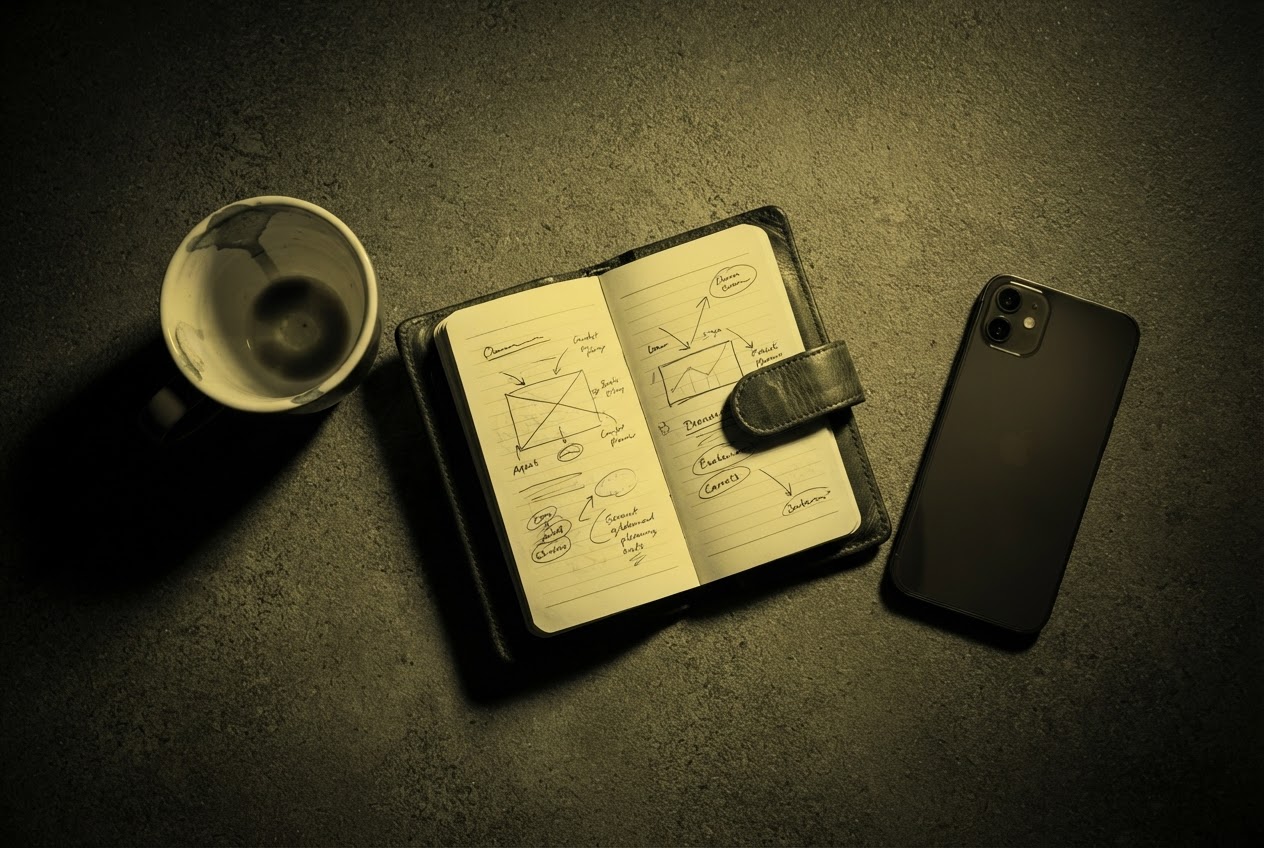 Overhead shot of a content planner with coffee and iPhone on a sun-washed desk