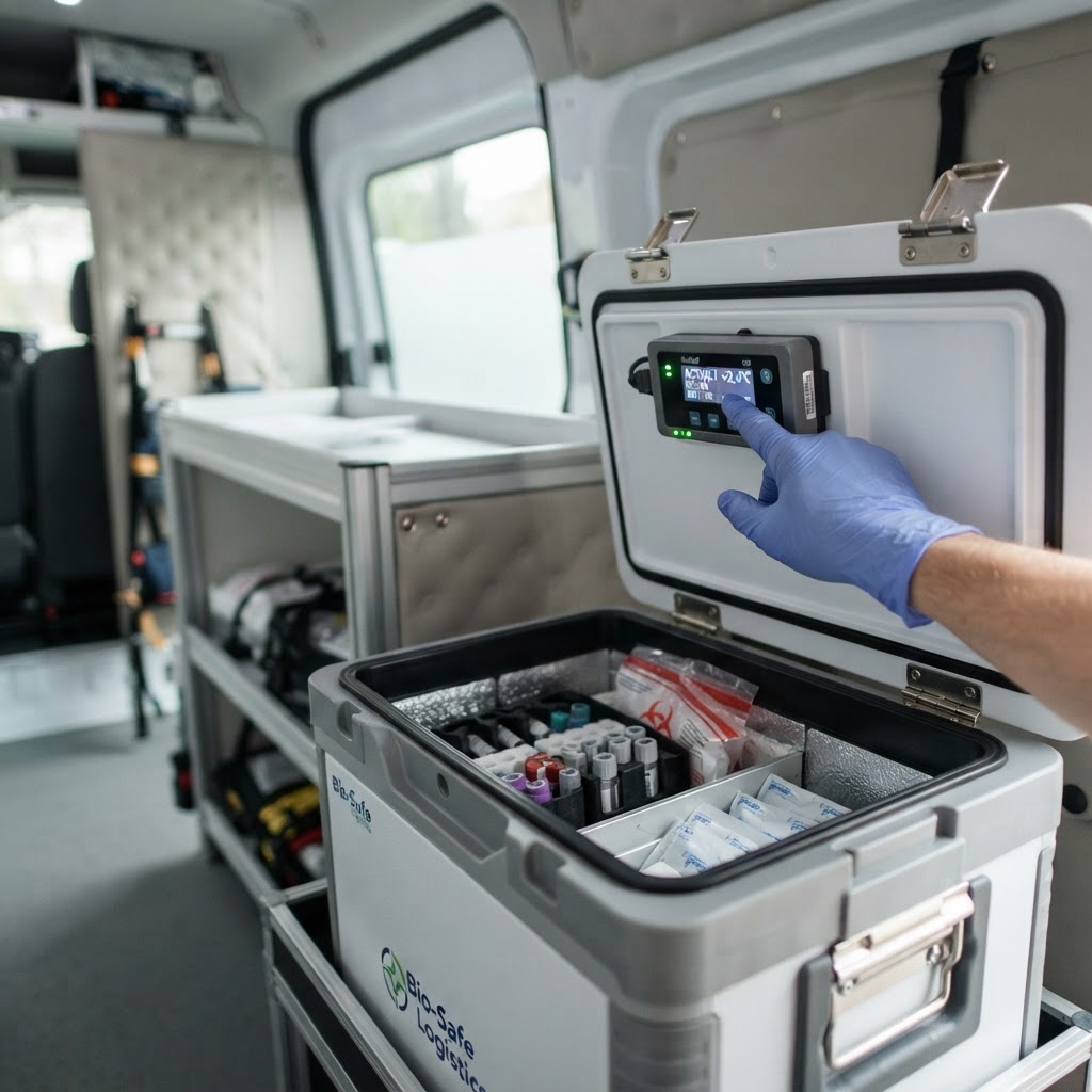 Medical transport cooler with temperature monitors inside a courier vehicle for organ transport