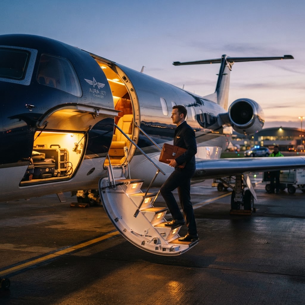 Private charter jet on a tarmac at dusk with cargo doors open for air charter courier service