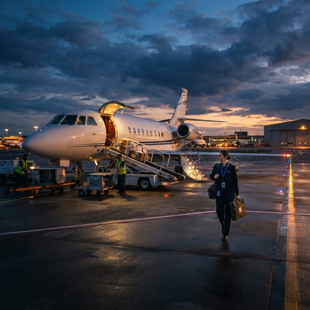 Private charter jet being loaded at dusk for Next Flight Out courier service