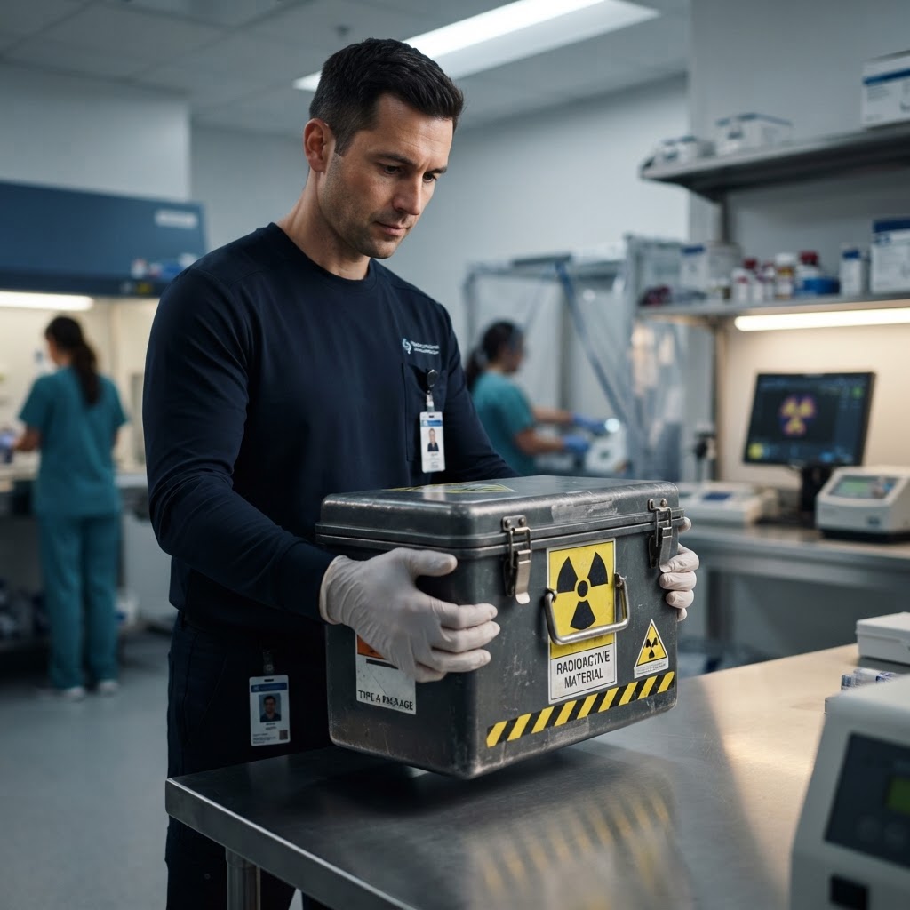 Courier handling a lead-lined radiopharmaceutical transport container for nuclear medicine delivery