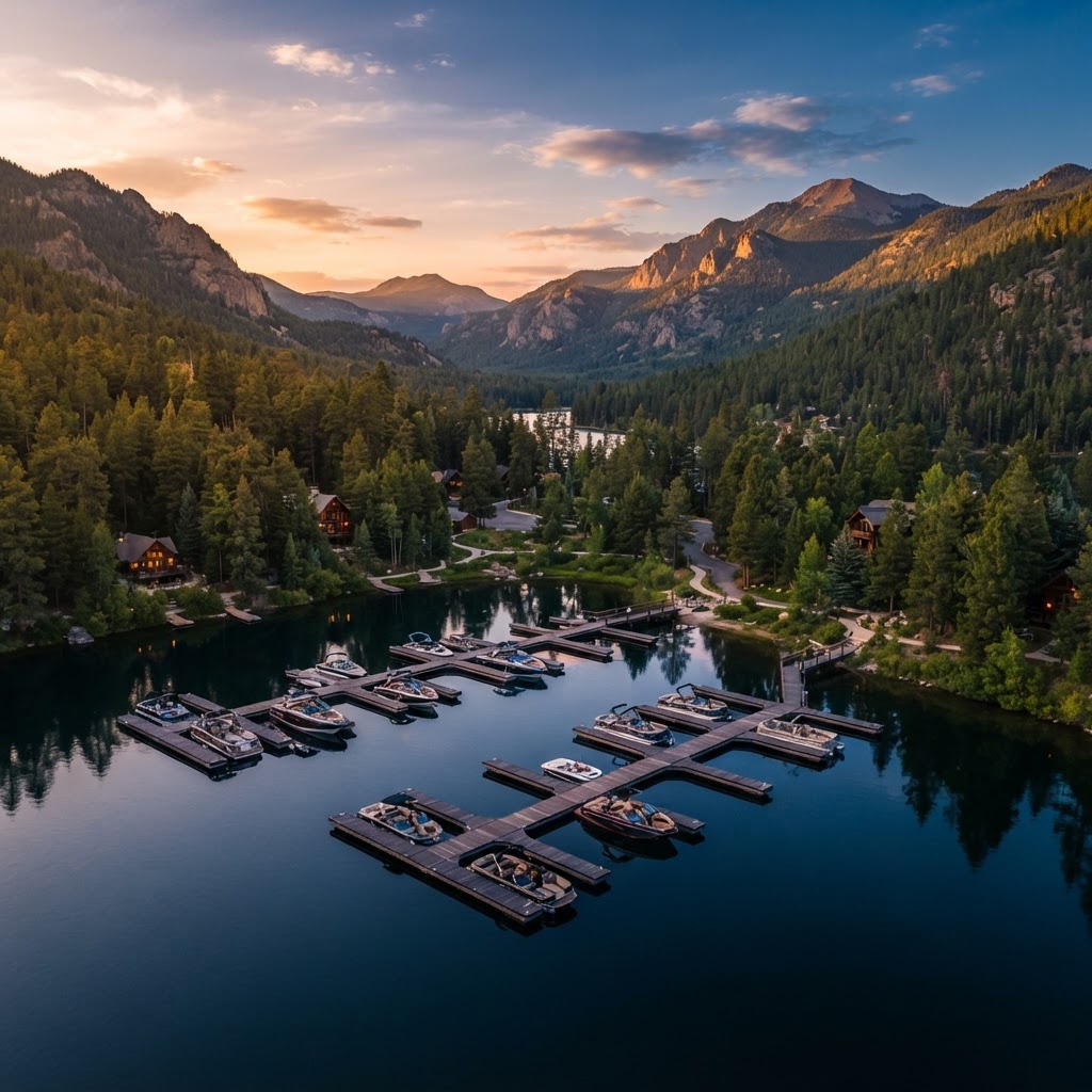 Aerial view of a mountain lake marina at sunset surrounded by pine forest