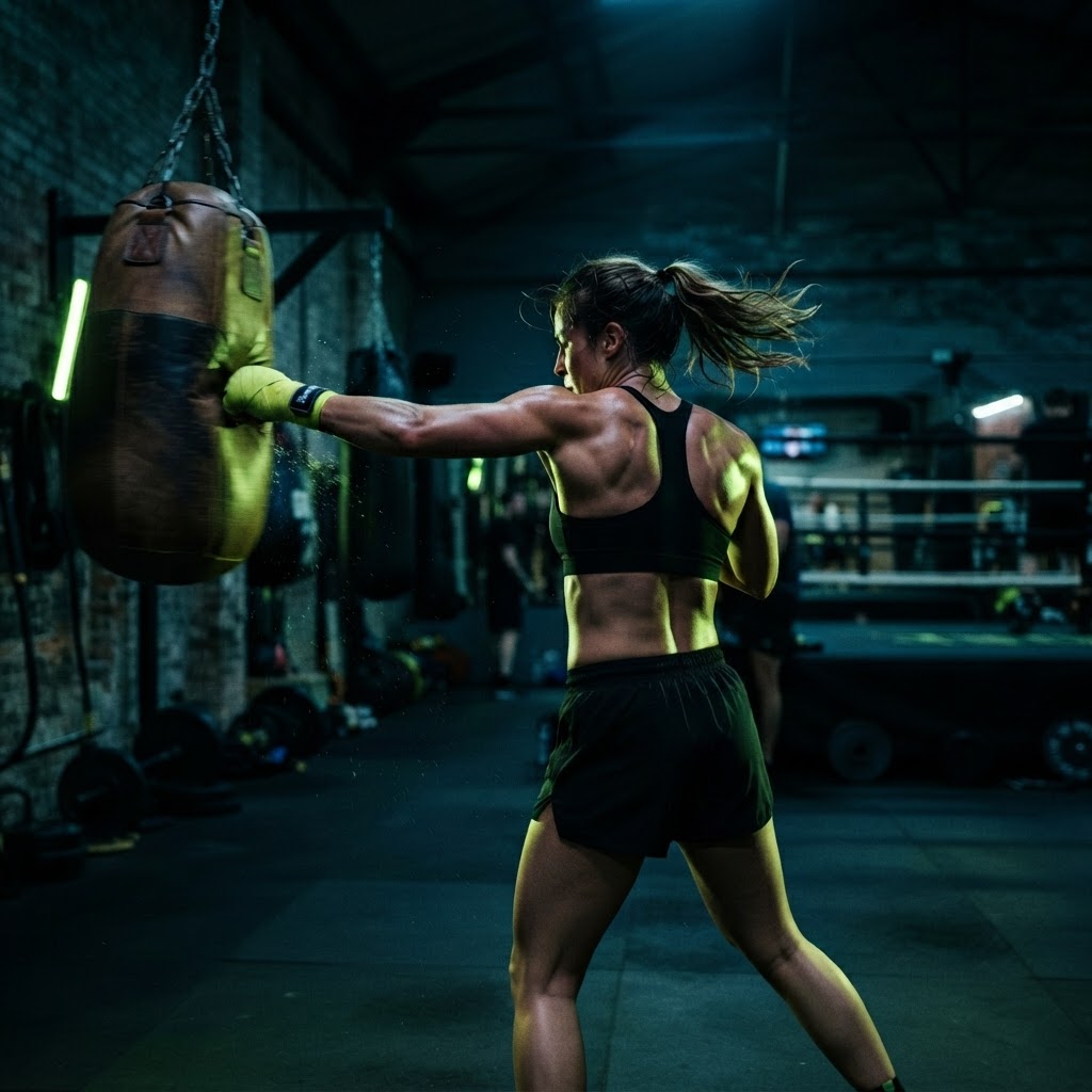 Coach-led boxing and HIIT class in progress at Hampton Hustle Fitness gym, St. Louis, MO