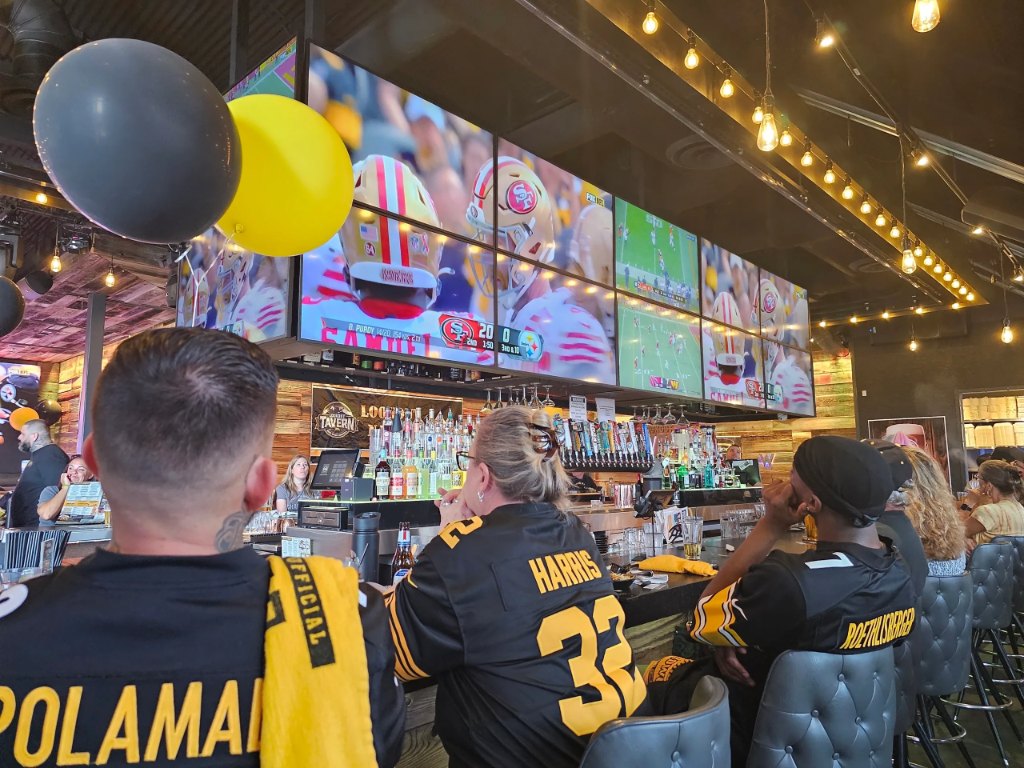 A packed bar at Lookout Tavern with the game on every screen