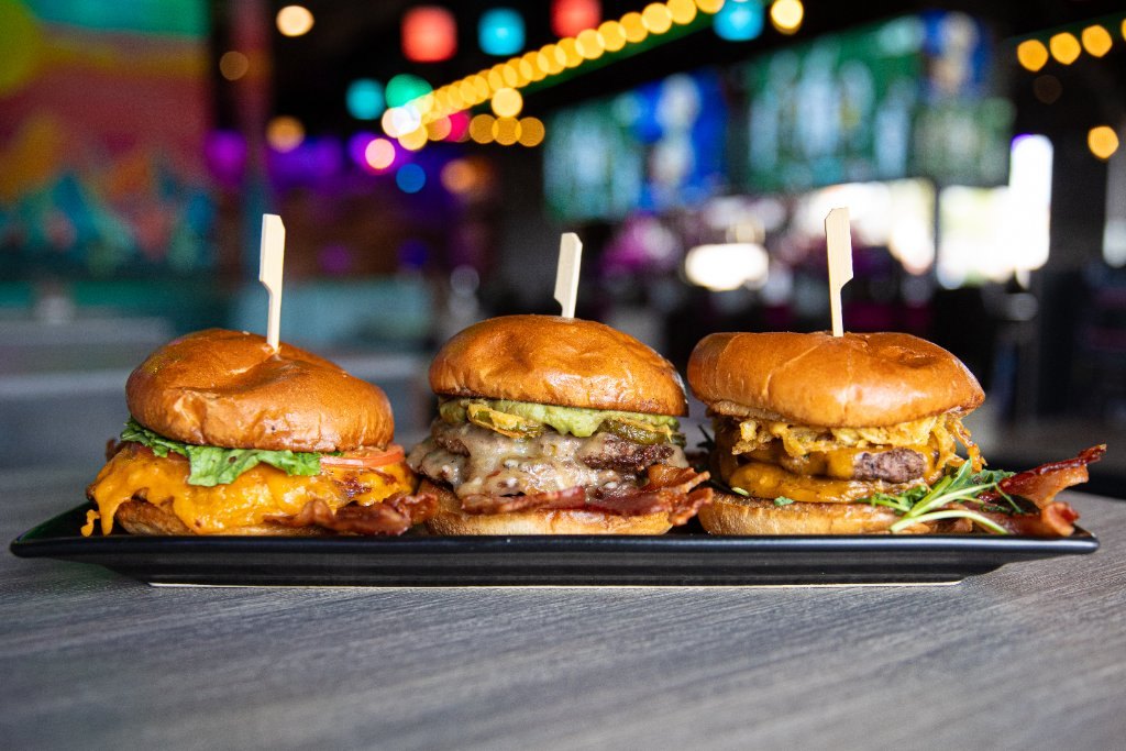 Three smash burgers on a tray at Lookout Tavern