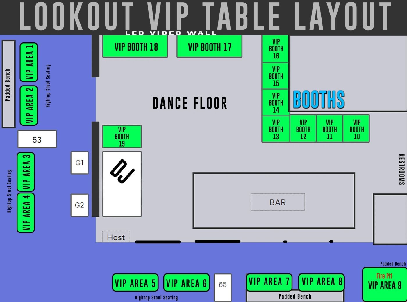 Map of the VIP booths and VIP areas around the dance floor, with VIP booths 17 and 18 along the LED video wall