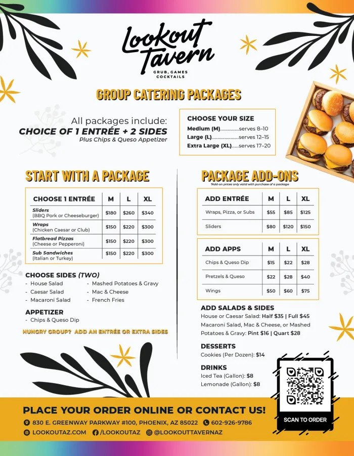 Lookout Tavern catering menu back