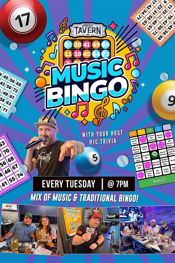 Music Bingo flyer: every Tuesday at 7pm, a mix of music and traditional bingo, hosted by JC Trivia