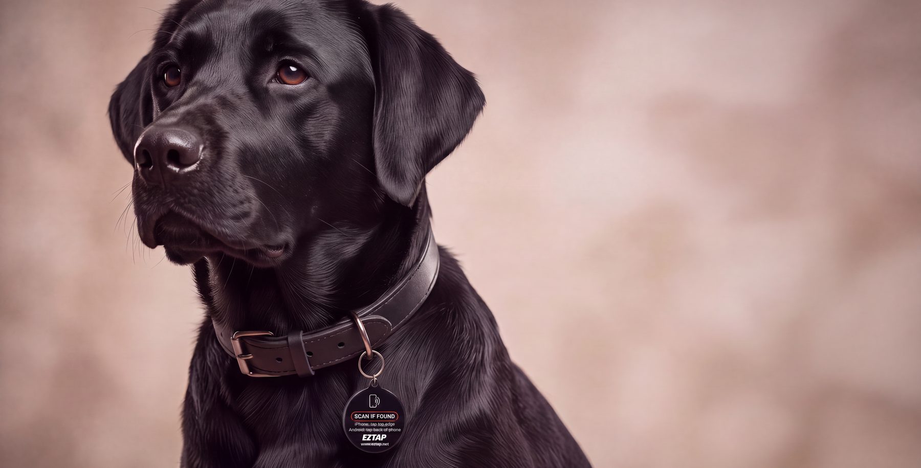 A black labrador wearing an EZTap pet tag on its collar