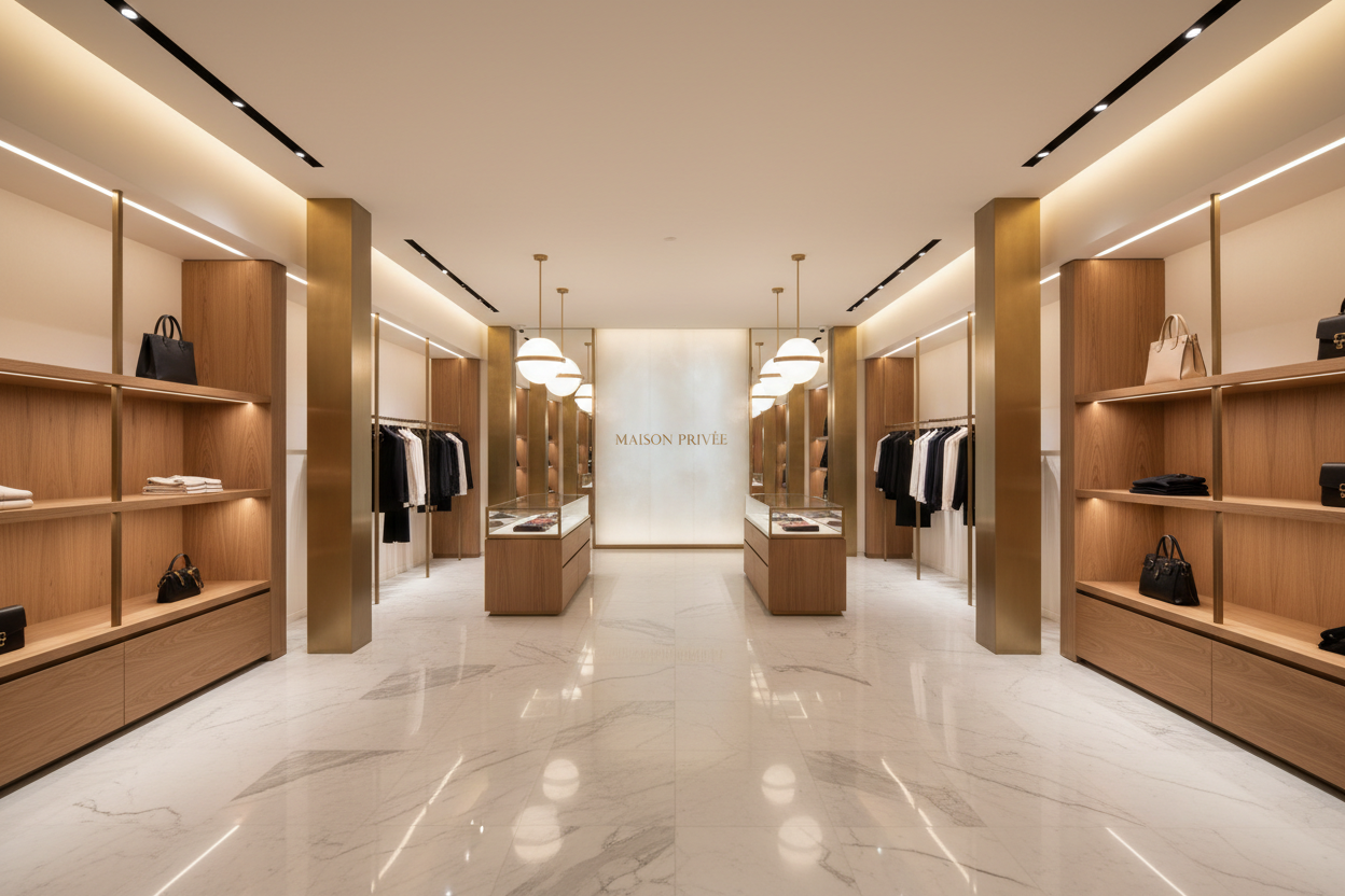 Premium retail interior with warm wood and brass fixtures