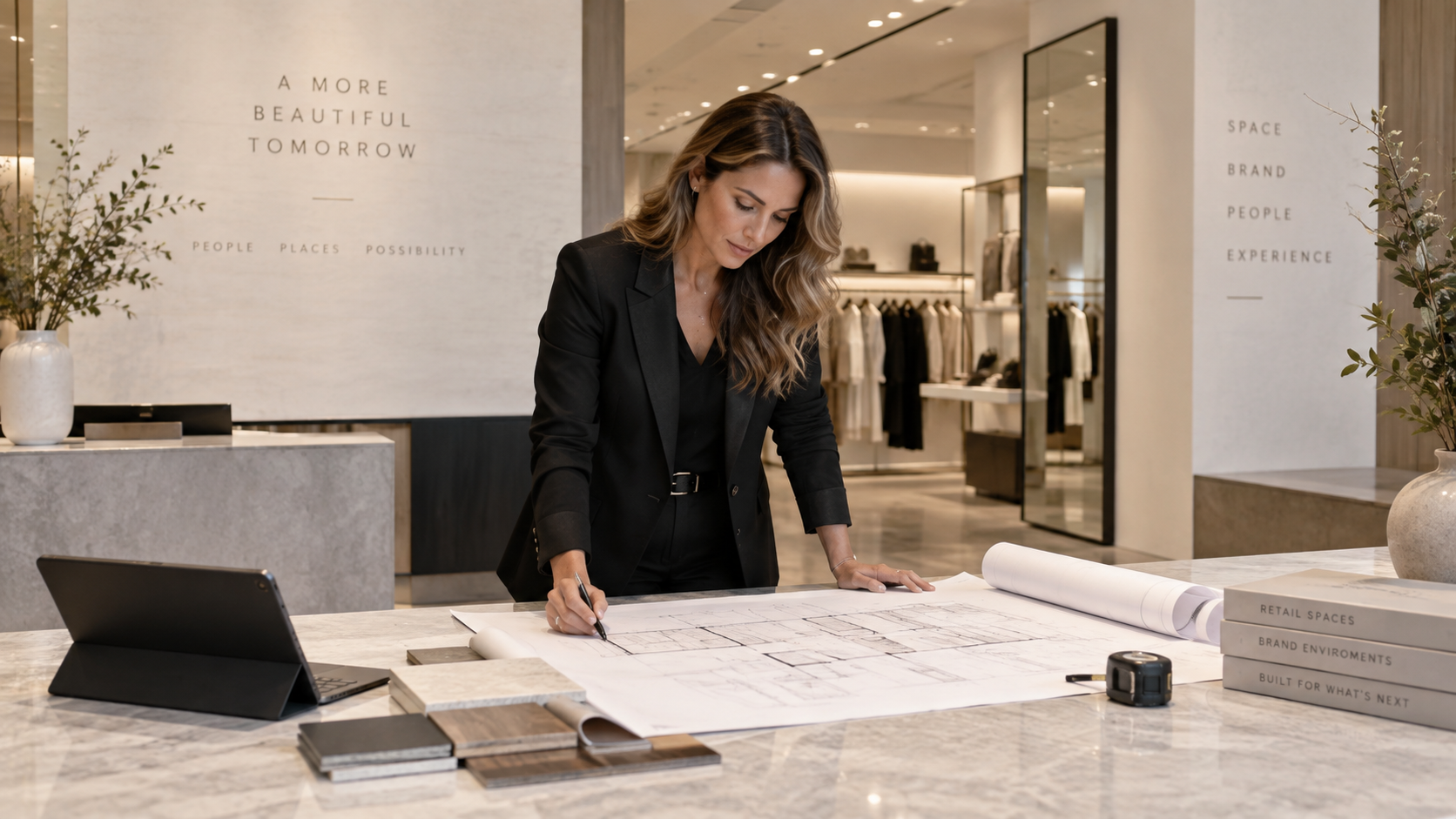 Architect reviewing floor plans at marble table